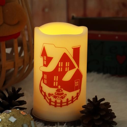 EZiGarden Christmas Theme Outdoor LED Flameless Candle Battery Operated with Timer Flickering LED Pillar Candle Winter Festival Party Decoration Table Decorations, 3”x5”
