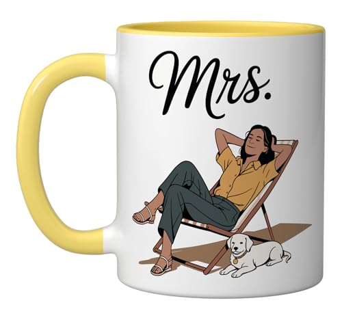 Cute Mrs Bride To Wife Coffee Cozy Home Wife New Bride Ceramic Mug, Yellow/White