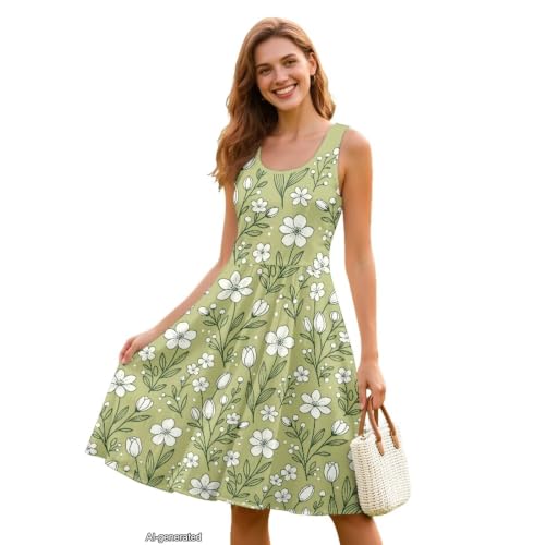 Image of Women Stylish Tank Dresses Sleeveless Round Neck Midi Casual Dress with Pocket for Summer