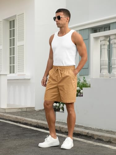 Image of RQP Mens Cotton Linen Shorts Casual Drawstring 7inch Inseam Shorts Stretch Summer Beach Wear