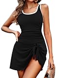 Zilcremo One Piece Swimdress Swimsuits for Women Tummy Control Swim Dresses Skirt Bathing Suit Color Block Ribbed Swimwear Black S