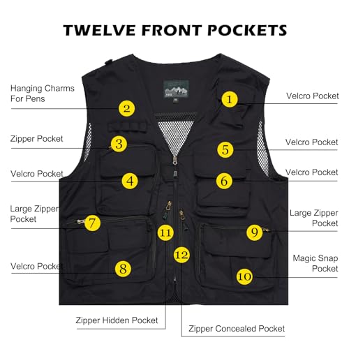 Wirltte Mens Vest Outerwear Summer Outdoors Safari Vests Travel Photo Work Fishing Cargo Tool Vest Multi-Pockets Black 2Xl thumb #3