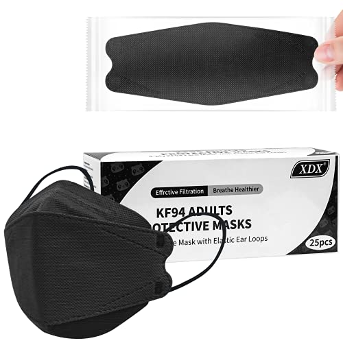 XDX KF94 Mask Individually Wrapped, 25 Pack Disposable Face Masks Black for Women and Men, 4-ply Adult Free Size - for Office, Outdoor, Daily Use (Black)