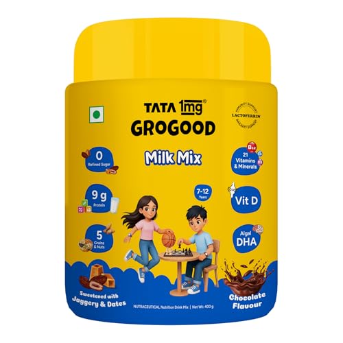 Image of Tata 1mg Grogood Kids Milk Mix (7-12 Years) - Chocolate Flavor | 400g | Premium Kids Protein Powder for Growth & Immunity | 9g Protein | No Refined Sugar | 5 Nuts, Grains & Seeds | With added DHA, 21 Vitamins & Minerals and Lactoferrin