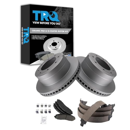 Image of TRQ Rear Brake Pad & Rotor Kit Parking Brake Shoe Set Ceramic Premium G-Coated Compatible with 2013-2021 Ford F-250 Super Duty F-350 Super Duty