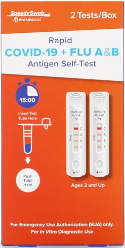 SpeedySwab COVID-19 and Flu A&B, 3-in-1 Antigen Rapid Combo Test, Results in 15 Minutes, FDA Authorized, At-Home Flu and COVID Test Kit, Easy to Use Nasal Swab (2 Pack)