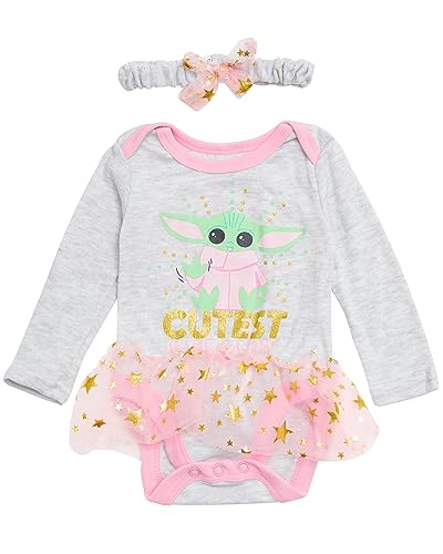 STAR WARS Baby Yoda Newborn Baby Girl Long Sleeve Bodysuit with Tutu and Headband (Grey/Pink/Green, 6-9 Months)
