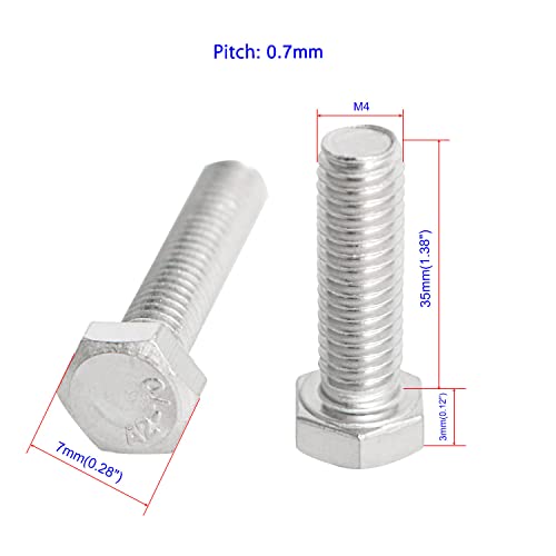 Image of 10 Pcs SUS304 M4 x 35mm Hex Head Bolts Screws, Strength Grade A2-70 (Grade 5.8), Fully Threaded Plain Finish