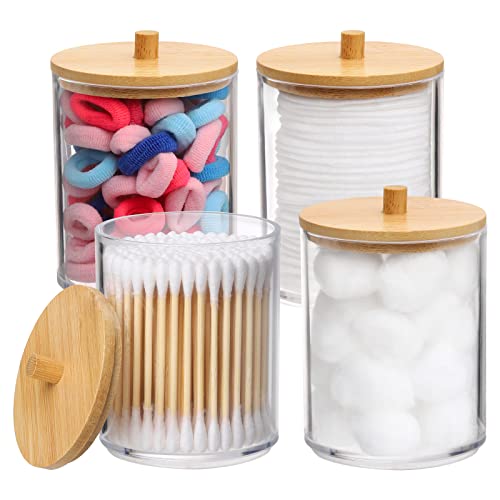 Tbestmax 4 Pack 10-Ounce Qtip Holder Bathroom Jars Canisters for Cotton Ball Swab Pad Storage Dispenzer, Bamboo Lid