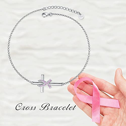 925 Sterling Silver Breast Cancer Awareness Bracelet Cross Pink Ribbon Bracelet Breast Cancer Survivor Gifts for Women3