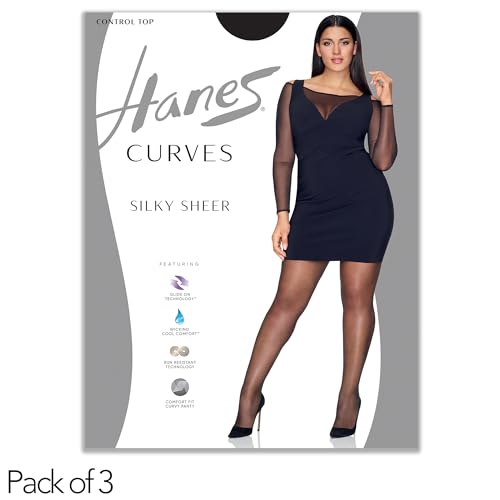 Image of Hanes Women's Curves Control Top Sheer Toe Silky Sheer Pantyhose With Wicking Cool Comfort