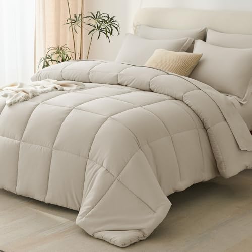 CozyLux Oatmeal Queen Comforter Set with Sheets – 7 Pieces Bed in a Bag Queen Bedding Sets, All Season Soft 7PC Bed Set with Oatmeal Comforter, Flat Sheet, Fitted Sheet, Pillowcases & Pillow Shams