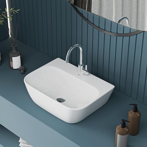 Image of LUXART Tabletop Wash Basin For Bathroom - 16.5x13x6 IN Ceramic Glossy White Wall Hung & Countertop Washbasin | Vessel Sink For Hotel, Dining Hall, Vanity | Over counter Top Washroom Sink