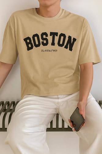 Image of BARKEYO Men's Half Sleeve Round Neck French Terry Graphic Print Oversized Tshirt for Man (Boston-ft) (in, Alpha, L, Regular, Beige)