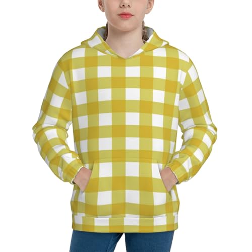 Yellow Checkboard Kids Pullover Hoodies Boys Sweatshirts Girls Athletic Clothes with Pocket