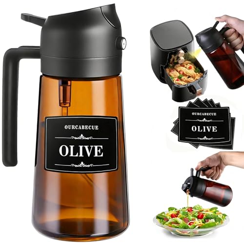 Image of Olive Oil Sprayer & Dispenser Bottle for Cooking 16oz Dark Glass Oil Mister | 2-in-1 Oil Sprayer & Pourer, Fine mist, Light-Blocking, Wide Mouth for Easy Refill & Clean, 8 Oil Labels, Reusable