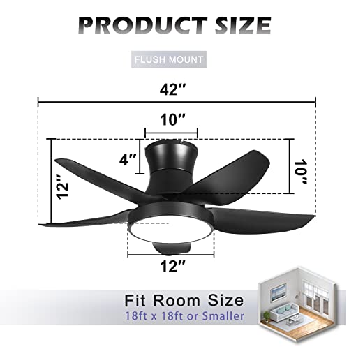 42" Flush Mount Black Ceiling Fans With Lights Matte Black Ceiling Fan Bedroom Living Room Kitchen Low Profile Ceiling Fan With 3 Light Color 6 Speeds Reversible Motor Timer Function Remote Control #TOP4