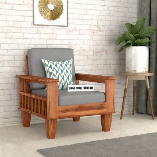 Image of Sheesham Wooden 1 Seater Sofa for Living Room | Rosewood 1 Seater Cushion Sofa with Side Newspaper Holder for Home & Office | Solid Wood Sofa Set for Lounge (Honey Finish)