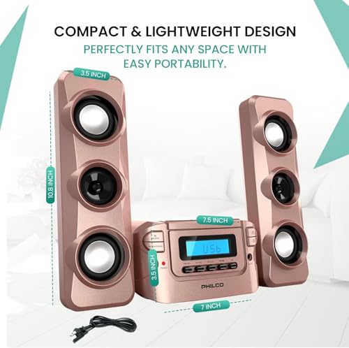 Image of Philco Stereo Shelf Systems Compact CD Shelf System with Digital FM Stereo Radio, Bluetooth Wireless Technology, and Remote Control | LCD Display | MP3 & AUX Port Compatible | USB Playback (Rose Gold)