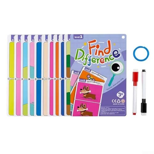Colorido Encuentra Diferencias Tarjetas de Entrenamiento Herramienta Educativa Reutilizable para el Aprendizaje de Niños (Dificultad 1)