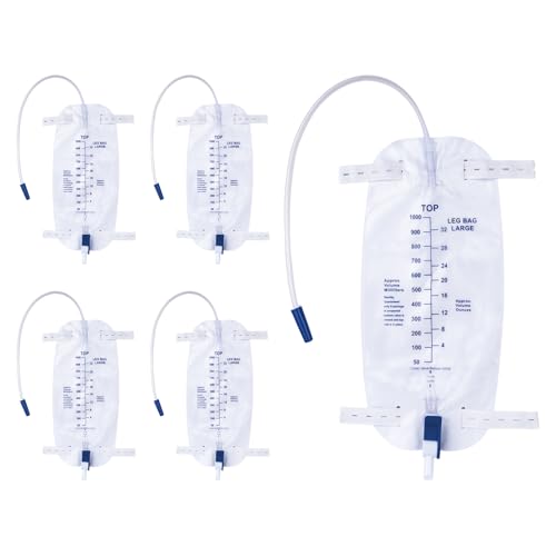 DOKIBI 1000ml Catheter Leg Bags, Urinary Drainage Bag for Men Women with Anti-Reflux Valve, 18” Tubing and Adjustable Cloth Straps, Easy Flip Drain (Pack of 5)