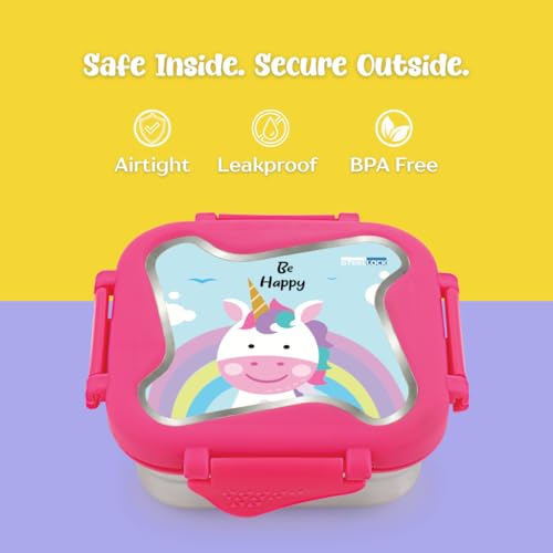 Image of STEELLOCK Smart Kids Stainless Steel Lunch Box, Leakproof & Airtight Tiffin Box for School Boys & Girls, BPA Free Food Grade with 4-Side Clip Lock | 360 ML | Pink, 3D /UV Print Unicorn