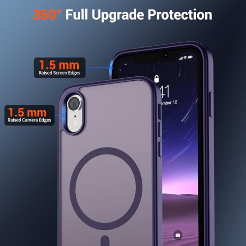 Image of SUPFINE Magnetic for iPhone XR Phone Case Dark Purple | With Screen Protector, Translucent Matte, Compatible with MagSafe, Military Grade Drop Proof, Rugged Shockproof Protective