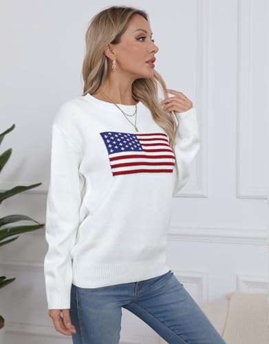 Image of Womens American Flag Sweater Crew Neck Casual Pullover Sweater
