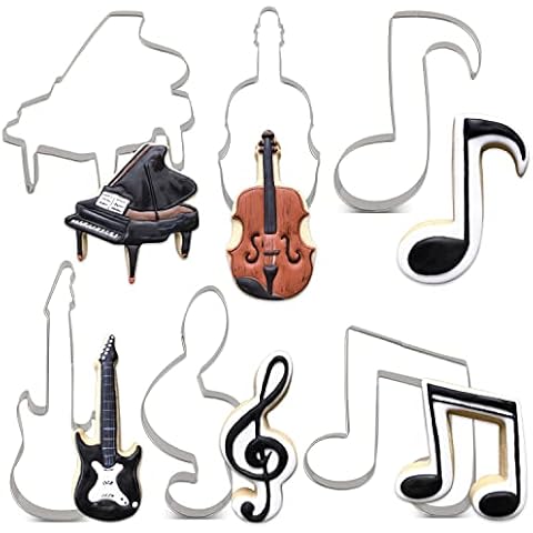 LILIAO Music Cookie Cutter Set - 6 Piece - Violin, Piano, Electric Guitar, Music Note, G Clef and Eighth Note Biscuit Fondant Cutters - Stainless Steel Cover