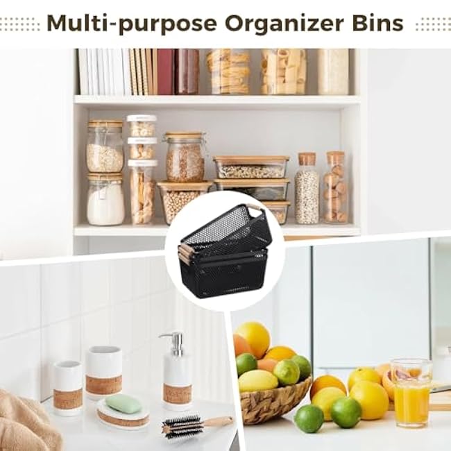 Stackable Baskets with Wooden Handles, 4 Pcs Plastic Mesh, Cabinet Organizer Bins, Small, 10.8¡Á7.3¡Á4.8, for Kitchen Pantry, Fruits, Cosmetics, Snacks, Closet Storage