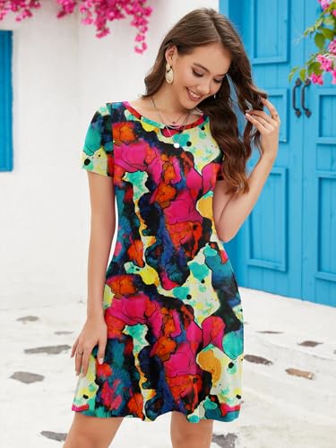 Image of KORSIS Summer Women's Dress Casual T-Shirt Short Sleeve Dresses Swing Flowy Beach Vacation Work Sundress with Pockets