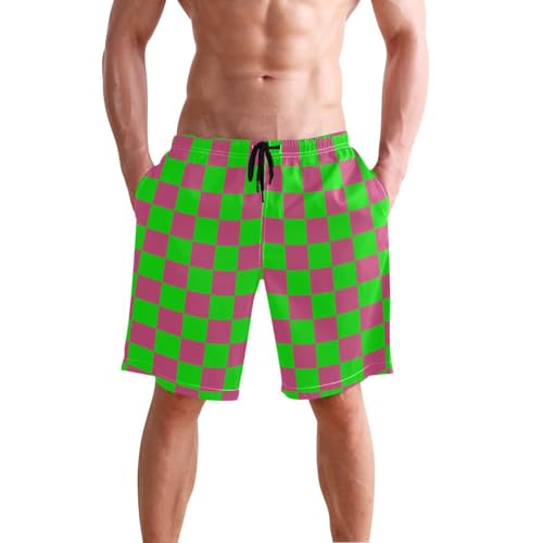 Green and Red Buffalo Checkered Mens Swim Trunks Quick Dry Beach Shorts with Pocket S