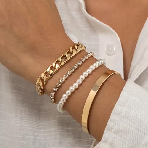 Gold Pearl Bracelets for Women Dainty 14K Gold Plated Stack Set Trendy Stackable Non Tarnish Cuban Link Chain Bracelets Jewelry Sets Gifts for Womem3