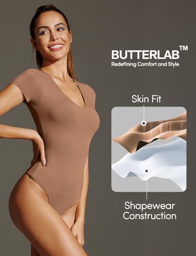 Image of IUGA Bodysuits for Women Tummy Control Body Suits for Womens Compression Slimming Thong Bodysuit V Neck