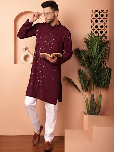 Image of Jompers Men's Purple Embroidered and Sequence Kurta with Pyjama (Purple, S)