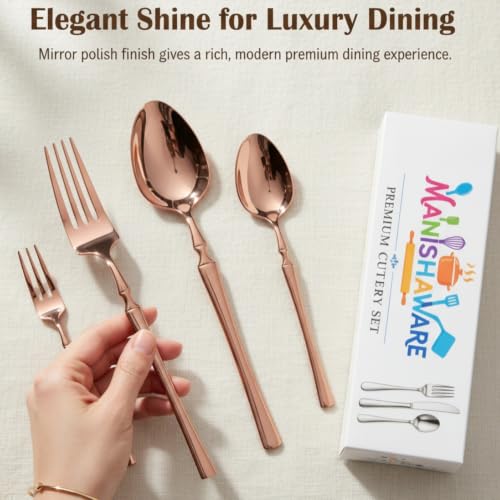 Image of Classic Rose Gold 4 Pcs Stainless Steel Cutlery Set for Dining Table, Dishwasher Safe Glossy Flatware (Perfect Spoon Fork Set)