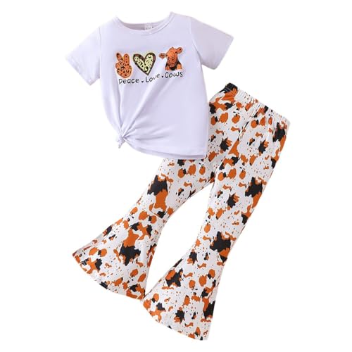 Image of Ayzozuy Kids Toddler Girl Clothes Letter Print Graphic Top + Leopard Print Flare Leg Pants 2PC Summer Clothing Set