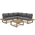 Soleil Jardin 4 Piece Acacia Wood Patio Furniture L-Shaped Outdoor Sectional Sofa Set with Coffee Table, FSC Certified Conversation Set with Built-in Side Table and Grey Cushions for Garden