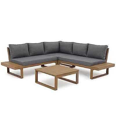 Soleil Jardin 4 Piece Acacia Wood Patio Furniture L-Shaped Outdoor Sectional Sofa Set with Coffee Table, FSC Certified Conversation Set with Built-in Side Table and Grey Cushions for Garden
