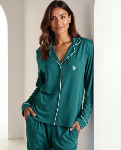 Image of U.S. POLO ASSN. Womens Lightweight Notch Collar Pajama Set | Classic Button Down Pajamas for Women with Long Sleeve Top and Pajama Pants