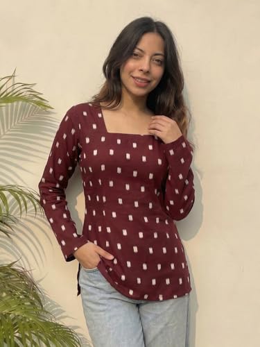 Image of ANNI Designer Women's Viscose Blend Printed Short Kurti | Straight Fit Casual Ethnic Top | Square Neck 3 /4 Sleeve Kurta Office College