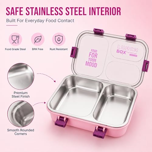 Image of Stainless Steel Lunch Box with 3 Compartments Leak Proof Airtight Lid BPA Free Food Storage Container Durable Portable Bento Tiffin for Kids, School Picnic (2 Compartment Pink)