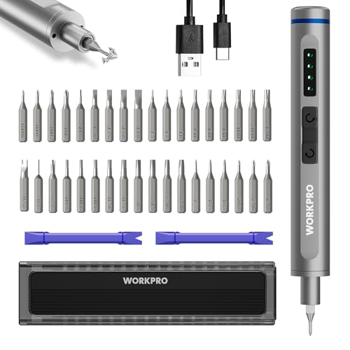 WORKPRO Mini Electric Screwdriver with Magnetizer, 36 S2 Steel Bits & 2 Pry Bars, 3.7V Rechargeable Precision Screwdriver Set for Phone Camera Laptop