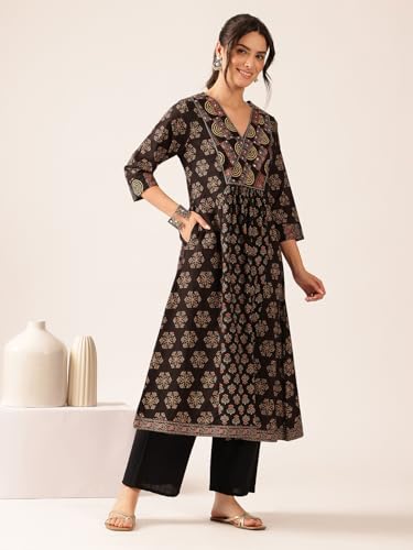 Image of Vbuyz Women's Cotton Floral Print A-Line Regular Fit Kurta