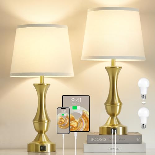 Image of Luvkczc 22 inch Gold Table Lamps Set of 2 - Modern Luxury Bedside Lamps | White Fabric Shade, Dimmable & Dual USB C+A Ports, Nightstand Lamps for Bedroom /Living Room (Bulb Included)