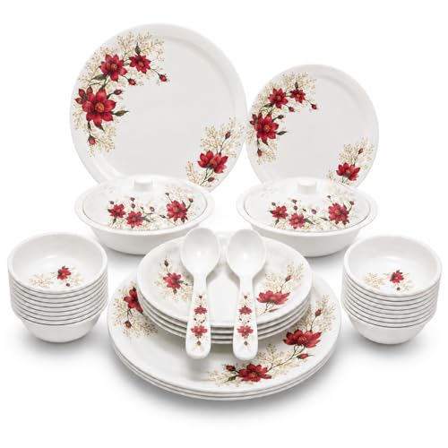 Image of Arova 32 Pieces Melamine Dinner Set for 6 Persons | Unbreakable & Lightweight Crockery Set | Serving Bowls, Spoons & Lids | Dishwasher Safe Dinnerware Set (Crimson Gold)
