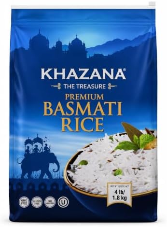 Khazana Authentic Premium Basmati Rice - 4lb Resealable Zipper Bag | Non-GMO, Gluten-Free, Kosher & Cholesterol-Free | Aromatic & Flavorful Grain From India