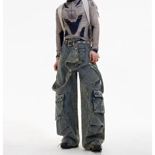 Mens Jeans Wide Leg Baggy Loose Fit Y2K Grunge Denim Cargo Pants with Pockets4