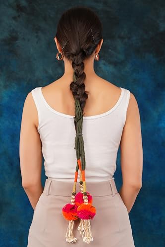 Image of Zippy Flora Gulabo Parandi (Orange) with pompoms| Handmade Boho Parandi | Traditional Hair Accessory with Tassels & Shells | Hair Extension | Choti | Versatile for All Hair Types
