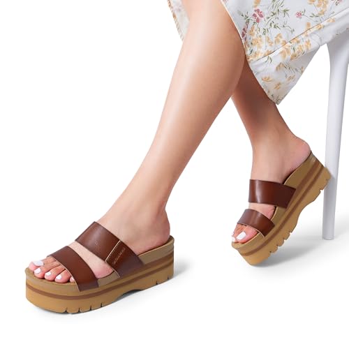 DREAM PAIRS DREAM PAIRS Women's Platform Slides Sandals Comfortable Arch Support Two Strap Slip On Fashion Beach Wedge Sandals,Size 7,Brown,DWUMSS2533